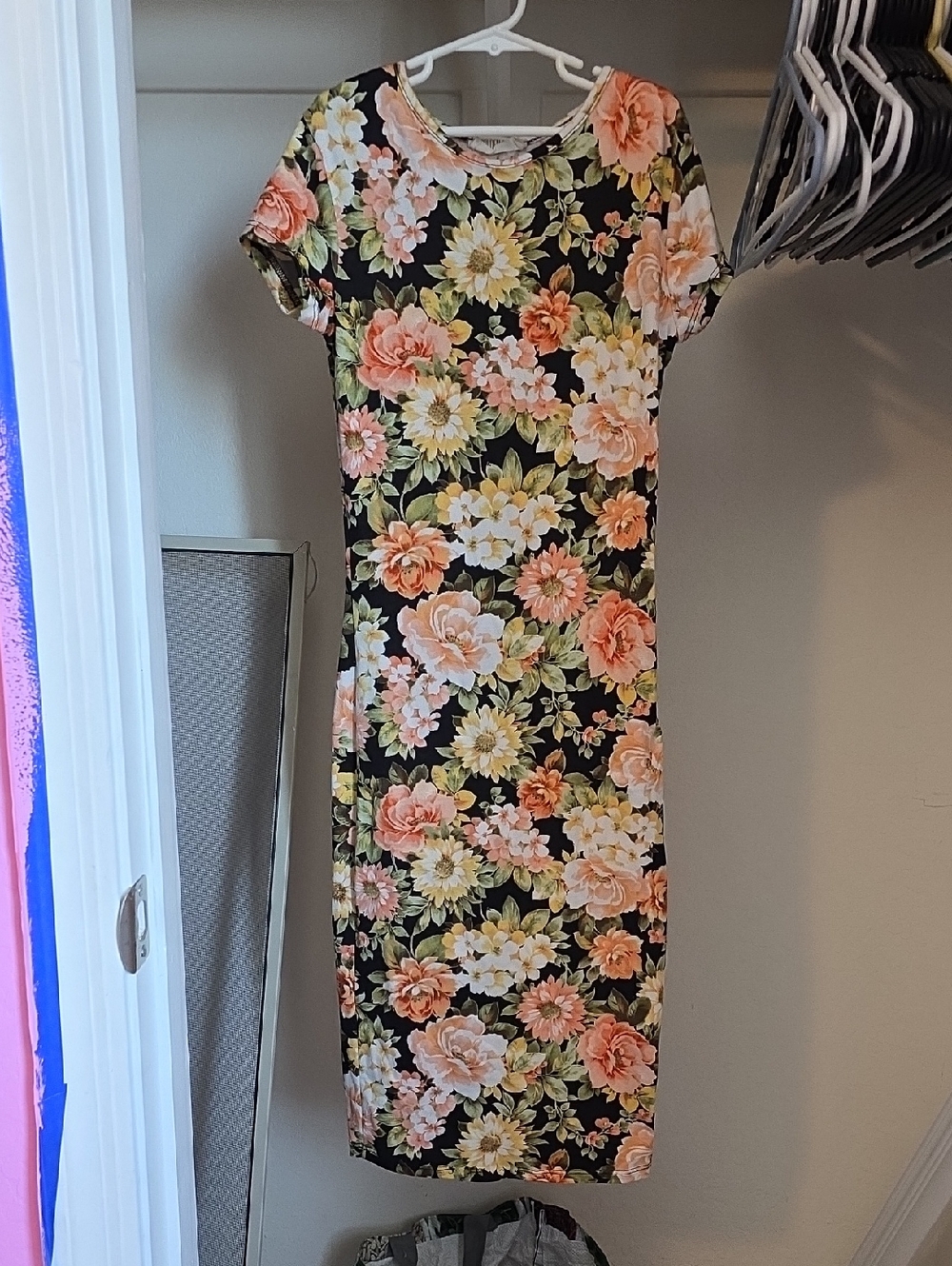 Black Floral Midi Dress with Peach Blooms - Women's